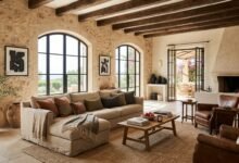 Elegant Mediterranean interior inspired by Malene Birger’s Mallorca home with neutral tones, natural textures, and warm sunlight.