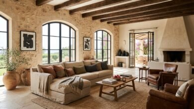 Elegant Mediterranean interior inspired by Malene Birger’s Mallorca home with neutral tones, natural textures, and warm sunlight.