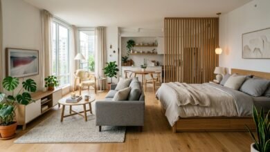Stylish studio apartment interior with separate living and sleeping areas, modern furniture, natural light, and cozy Scandinavian-inspired décor.