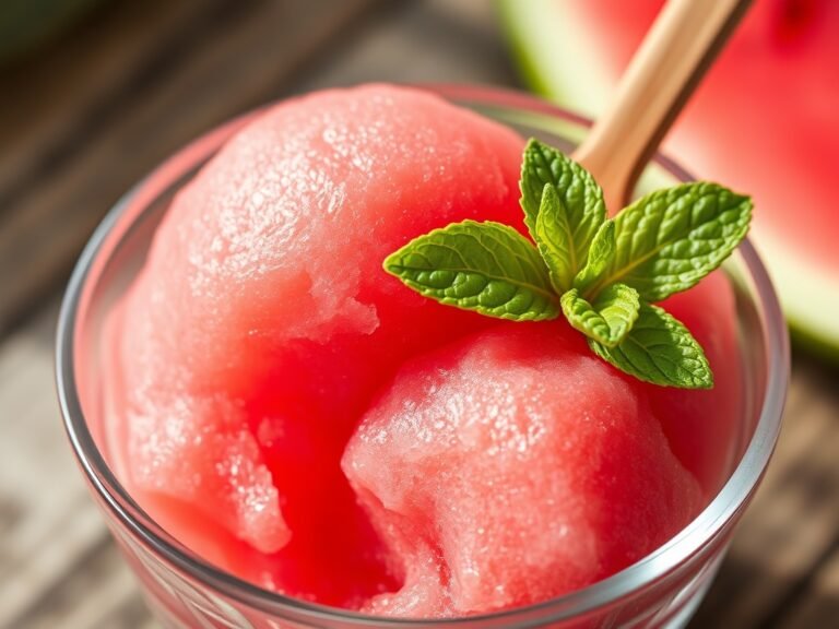 A close-up of fluffy, bright pink watermelon sorbet in a glass bowl garnished with mint.