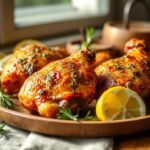 Juicy air fryer garlic herb chicken thighs on a plate with rosemary and lemon