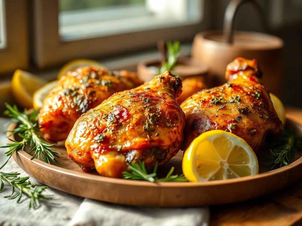 Juicy air fryer garlic herb chicken thighs on a plate with rosemary and lemon