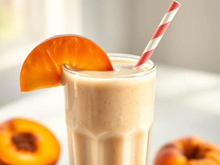 Creamy peach smoothie with a peach slice garnish