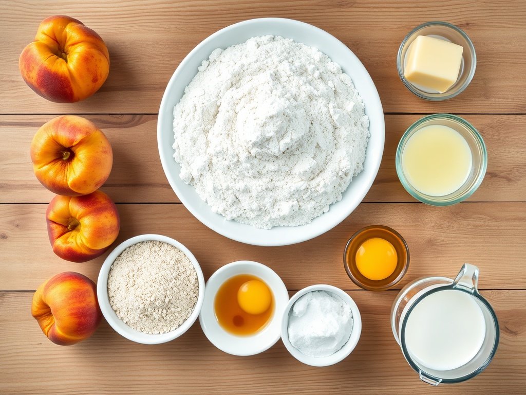 Ingredients for peach upside down cake arranged on a wooden surface