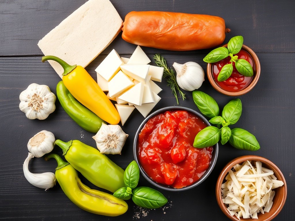 Fresh ingredients for stuffed banana peppers arranged on a table