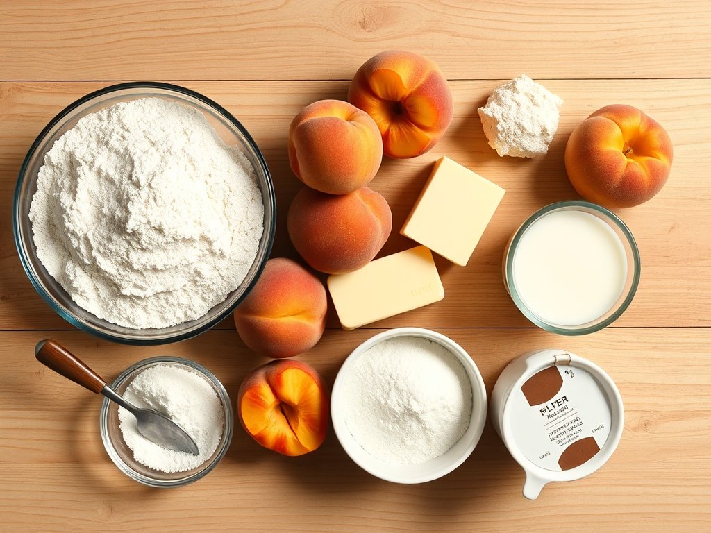 Top view of all the fresh ingredients needed to make an easy peach cobbler.