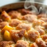 Golden Air Fryer Peach Cobbler with juicy peaches, warm dessert in a round dish