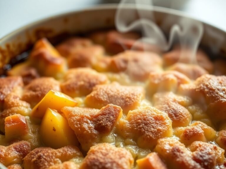 Golden Air Fryer Peach Cobbler with juicy peaches, warm dessert in a round dish