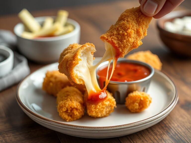 Golden crispy air fryer mozzarella sticks with a gooey cheese pull, served with marinara dipping sauce.