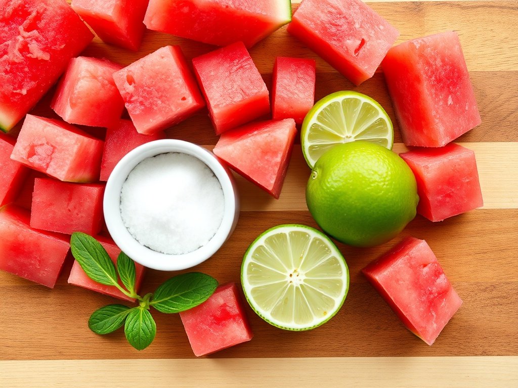 Top-down view of fresh watermelon cubes, sugar, and limes on a wooden surface.