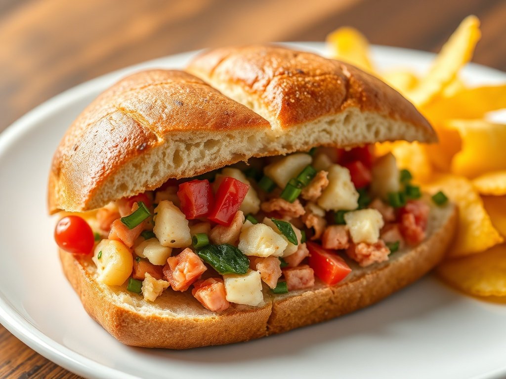 Plated chopped Italian sandwich cut in half, showing the filling, served with potato chips.