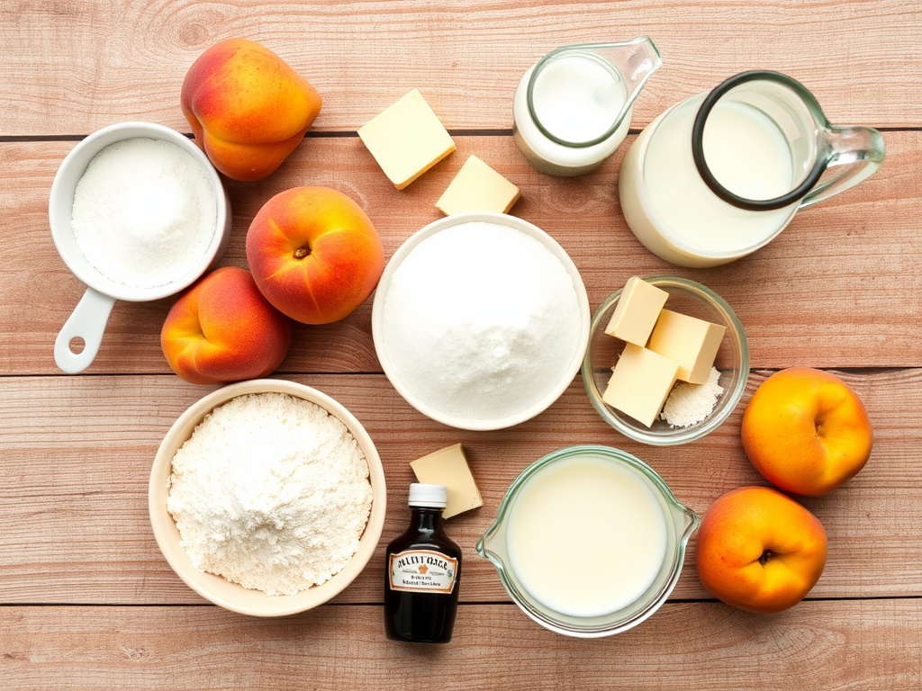 Fresh peaches, butter, flour, sugar, and other baking ingredients arranged on a wooden surface