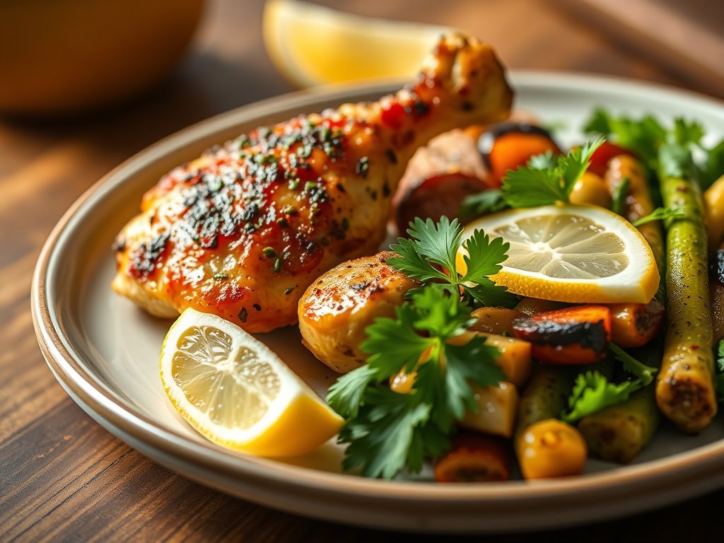 Finished plate of air fryer chicken and vegetables