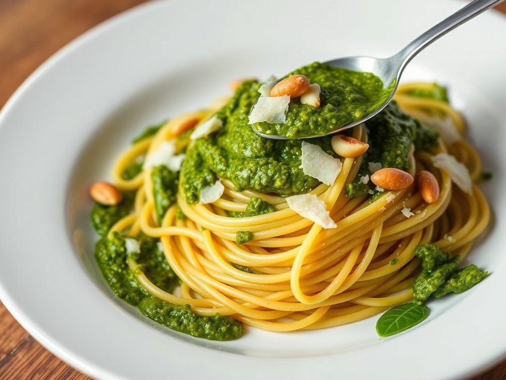 A plate of spaghetti tossed in fresh green homemade basil pesto with Parmesan shavings.