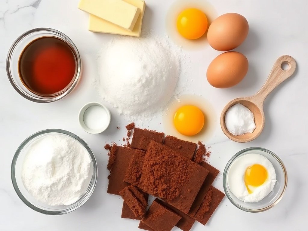 Ingredients for homemade brownies arranged on a marble counter.