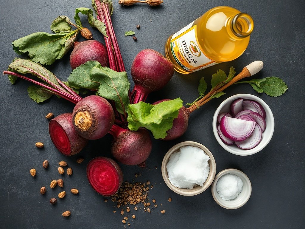Top down view of fresh beets, vinegar, and spices on a dark slate surface.