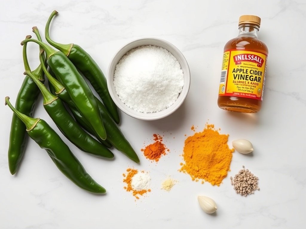 Ingredients for cowboy candy laid out on a marble surface: jalapeños, sugar, apple cider vinegar, turmeric, celery seed, and garlic powder.