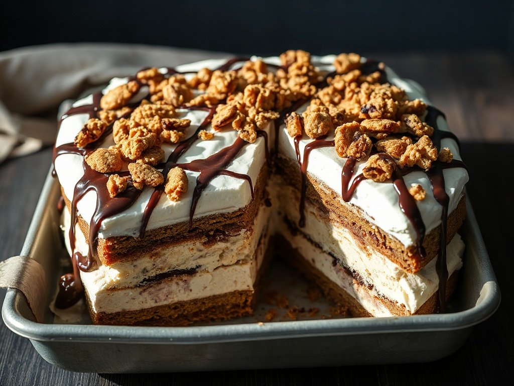 A full ice cream sandwich cake in a pan with sliced piece removed, revealing layers.