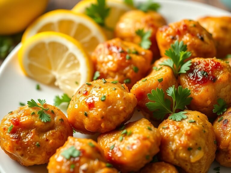 Golden air fryer lemon herb chicken bites on a plate garnished with parsley and lemon wedges, high protein low calorie recipe.