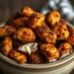 Pile of golden brown juicy air fryer chicken bites in a bowl with smoky seasoning.