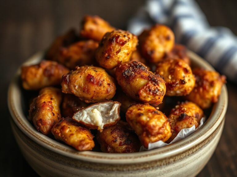 Pile of golden brown juicy air fryer chicken bites in a bowl with smoky seasoning.