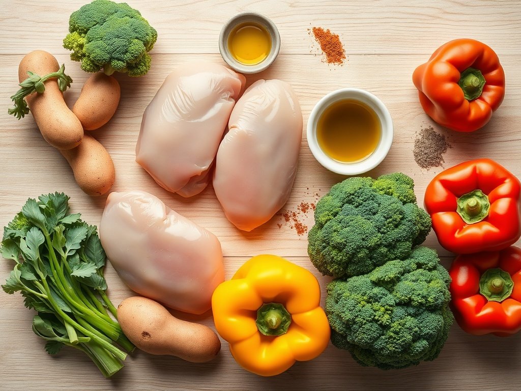 Flat lay of fresh chicken, sweet potatoes, broccoli, bell peppers, olive oil, and spices arranged neatly for a healthy sheet pan recipe.