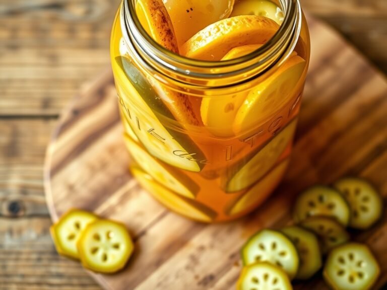 Jar of homemade bread and butter pickles with cucumber slices on a wooden table.