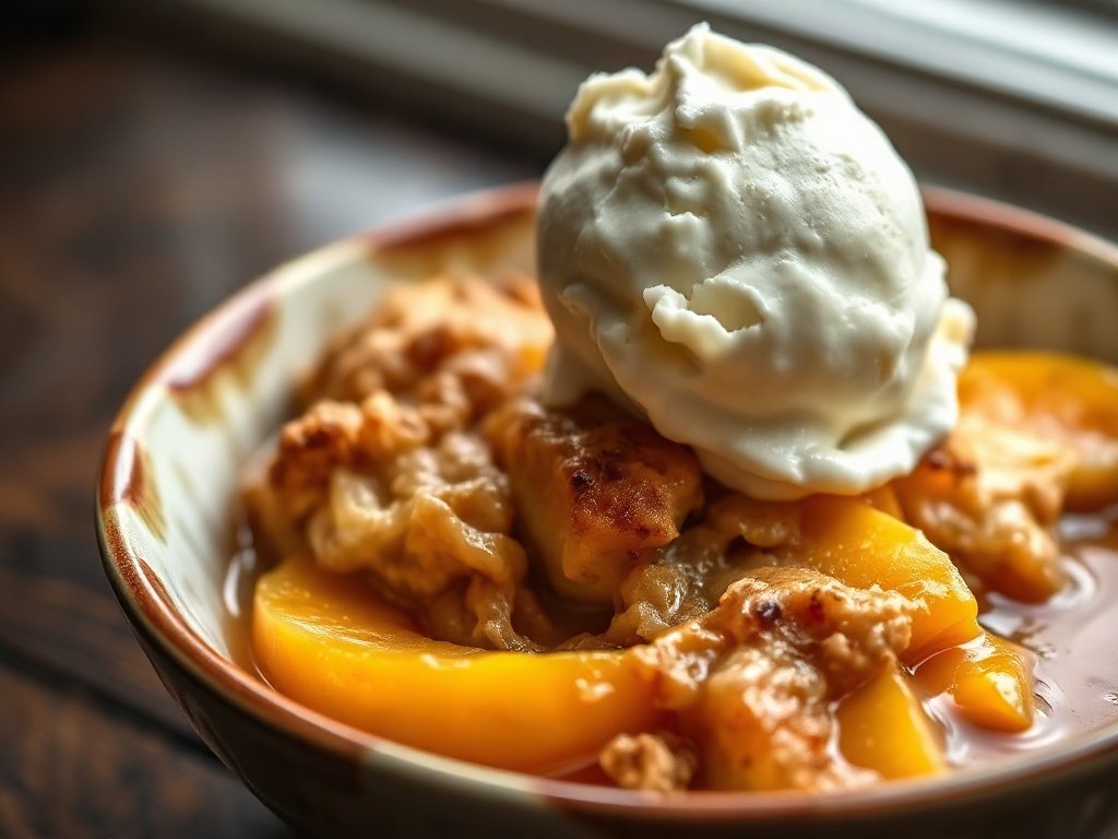 Bowl of peach cobbler topped with melting vanilla ice cream on a rustic table.