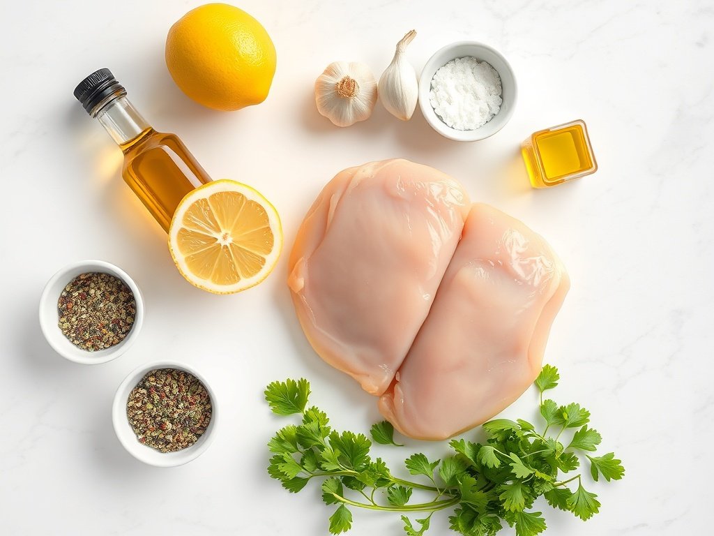 Top-down flat lay of chicken breast, lemon, garlic, olive oil, oregano, and parsley for high protein low calorie air fryer recipe.