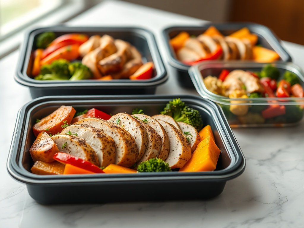 Meal prep containers filled with sliced chicken, roasted sweet potatoes, broccoli, and peppers, ready to enjoy for a healthy lunch or dinner.