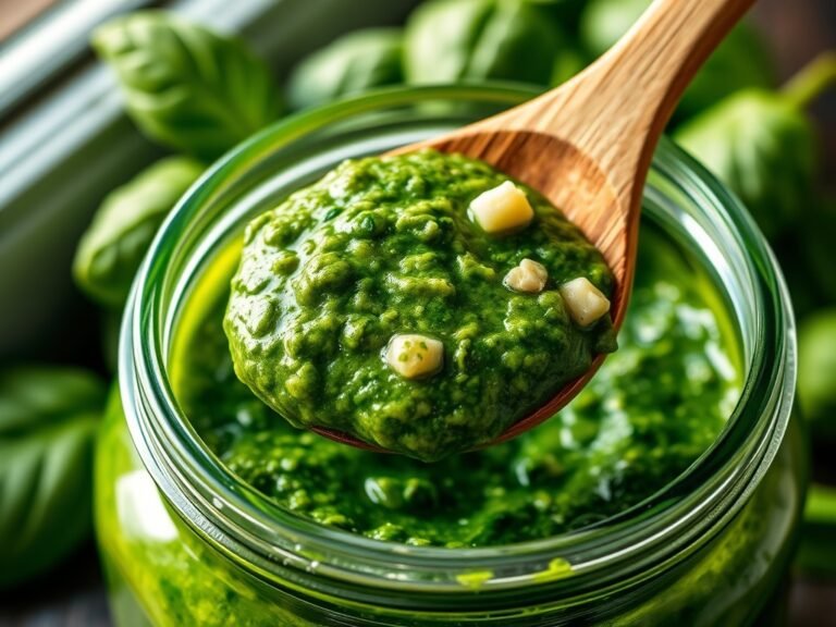 A glass jar filled with vibrant green basil pesto, a wooden spoon holding a generous scoop next to the jar.