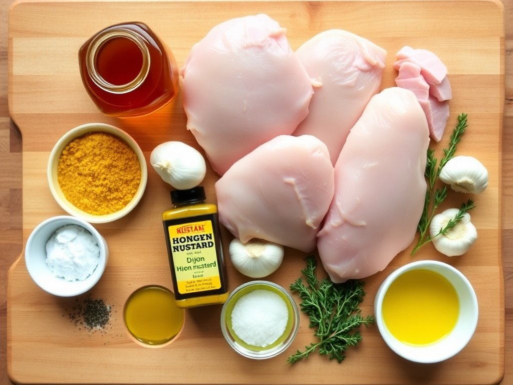 Flat lay of chicken and sauce ingredients on wooden board