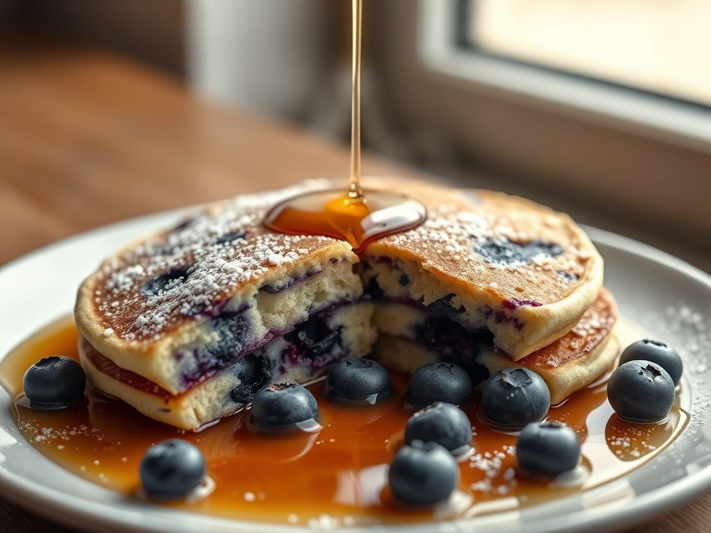 Single serving of fresh blueberry pancakes with steam and syrup