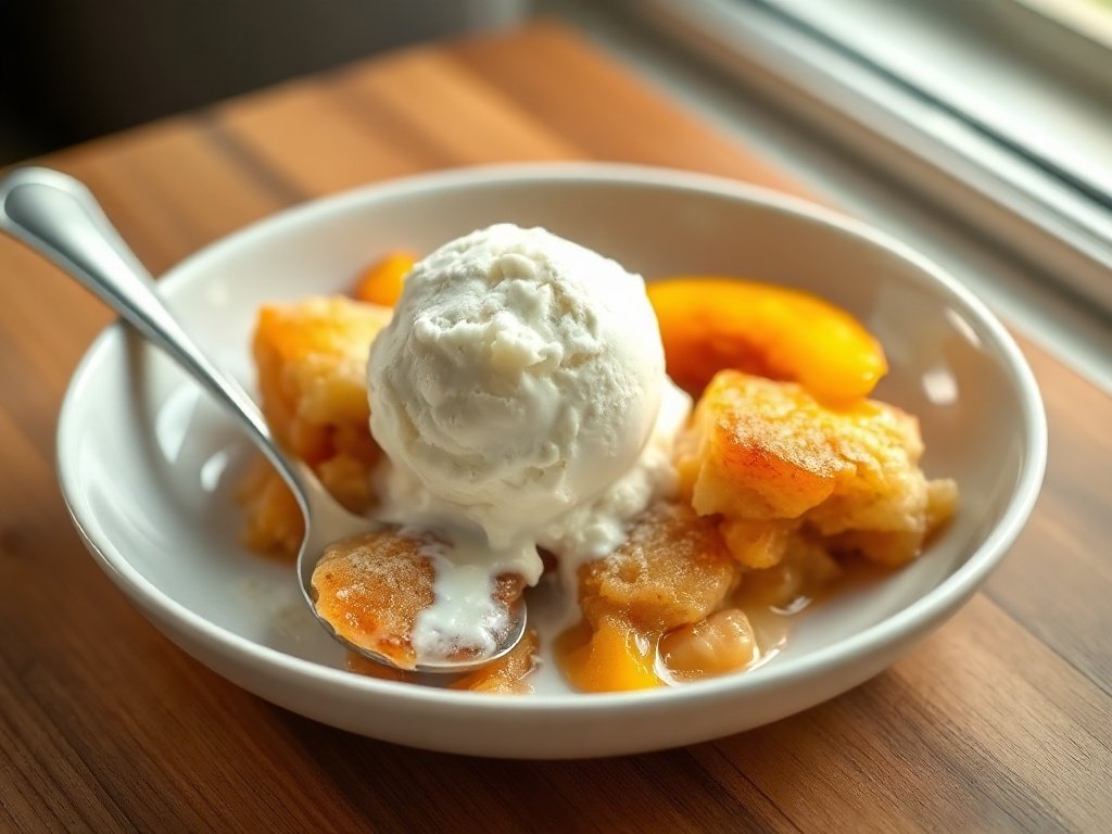 Warm peach cobbler served with melting vanilla ice cream