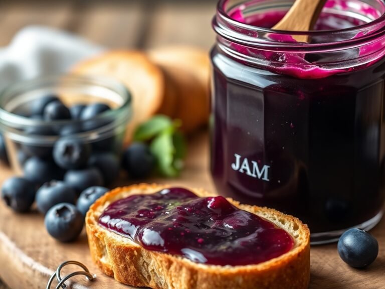 Jar of deep purple homemade blueberry jam with a wooden spoon, next to a slice of toast spread with jam on a rustic board.