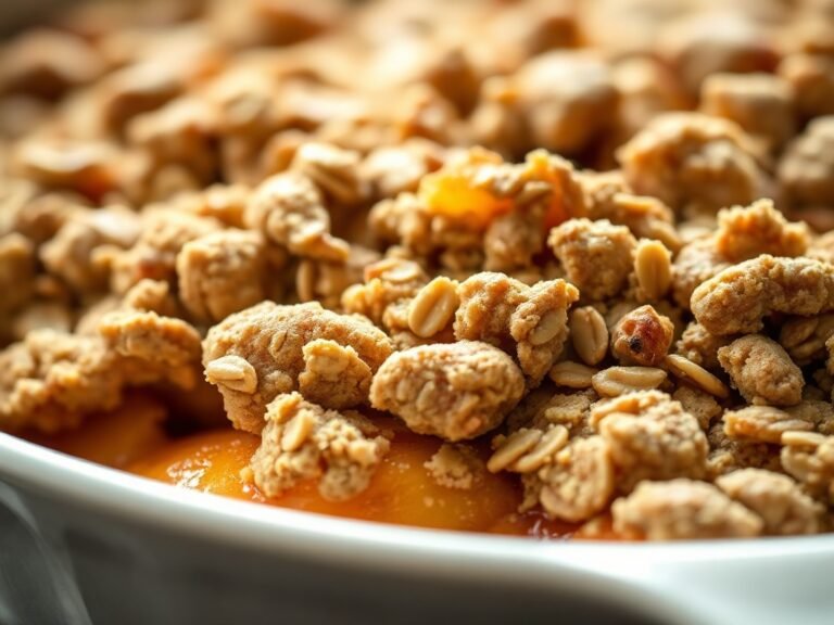 Warm peach crisp with oat crumble topping in a white baking dish, with bubbling peach filling.