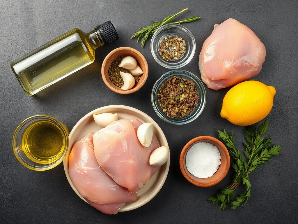 Flat lay of ingredients for garlic herb chicken including chicken thighs, garlic, herbs, and olive oil