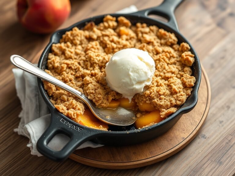 Warm peach crumble with ice cream in a cast iron skillet