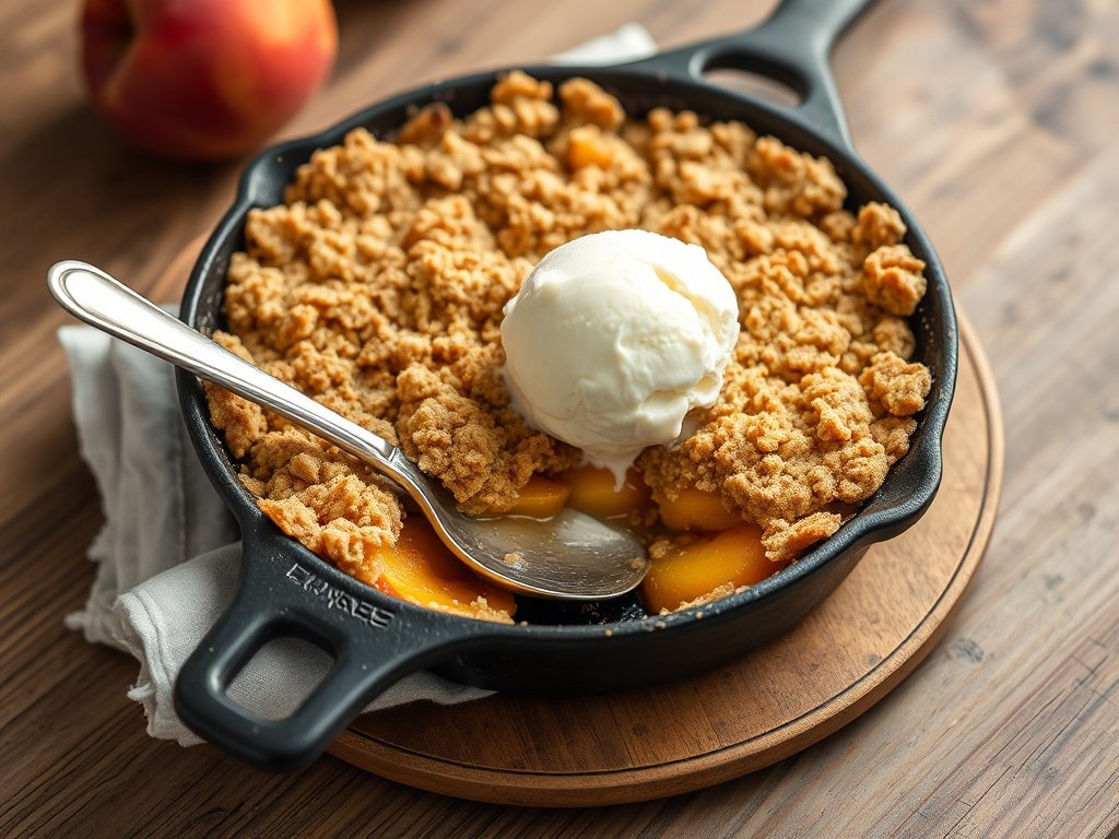 Warm peach crumble with ice cream in a cast iron skillet