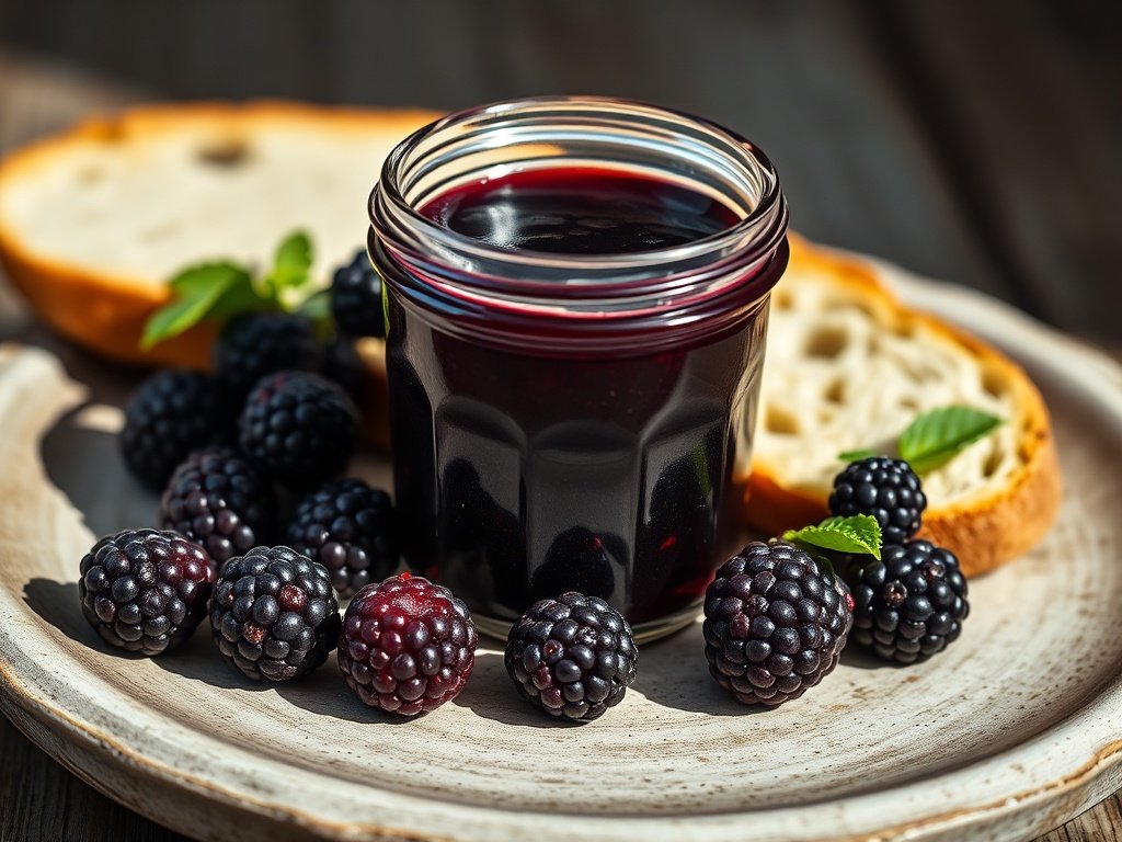 Jar of finished blackberry jam with fresh berries and bread