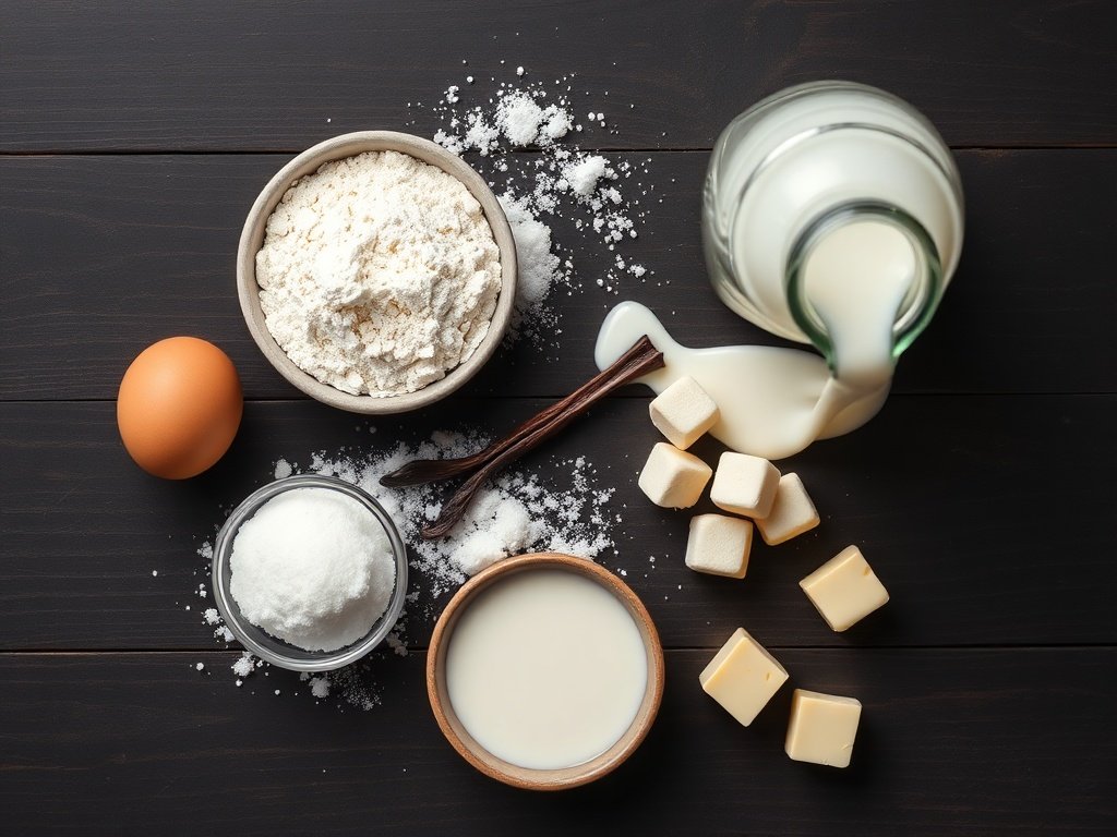 Flat lay of milk, eggs, flour, butter, sugar, and vanilla for a dessert recipe that uses a lot of milk.