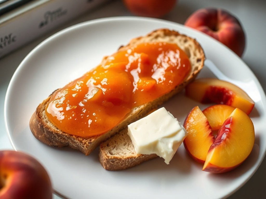 Toast with butter and peach jam on a white plate