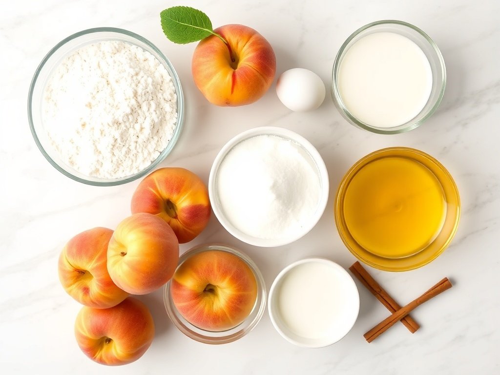 Ingredients for peach muffins arranged on a counter
