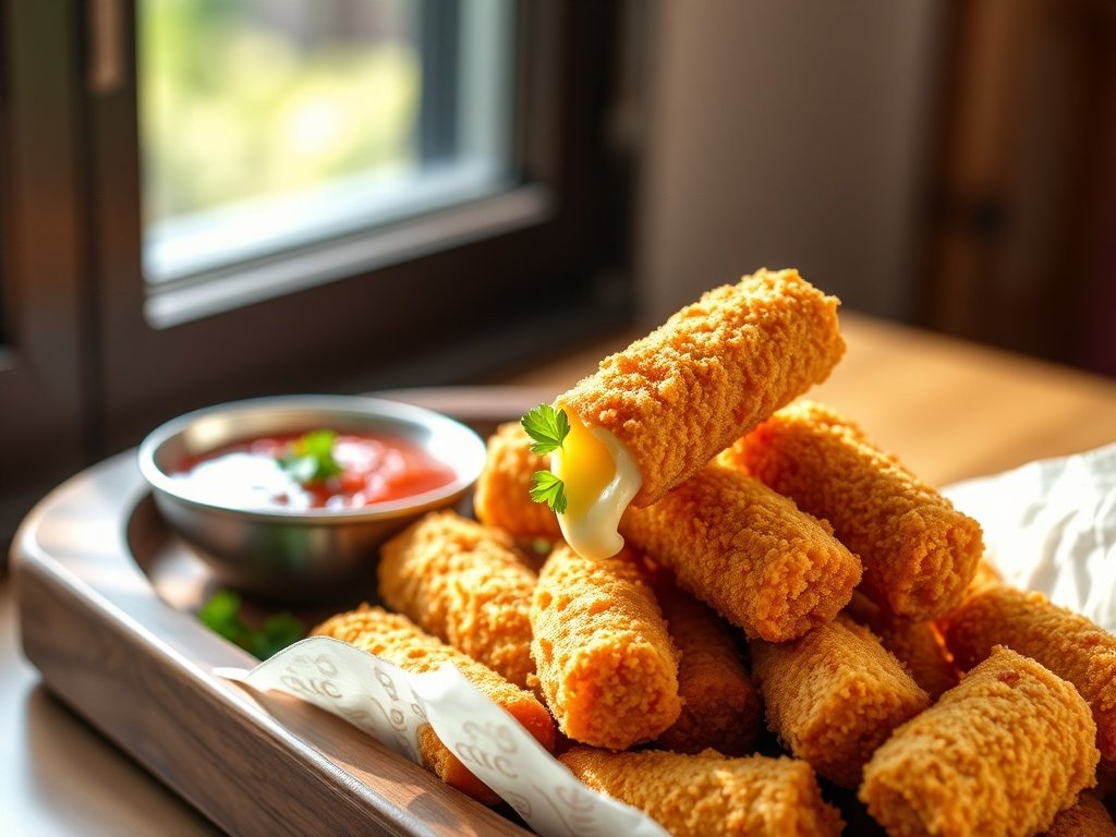 Platter of air fryer mozzarella sticks with golden crispy coating, cheese oozing, and marinara dipping sauce.