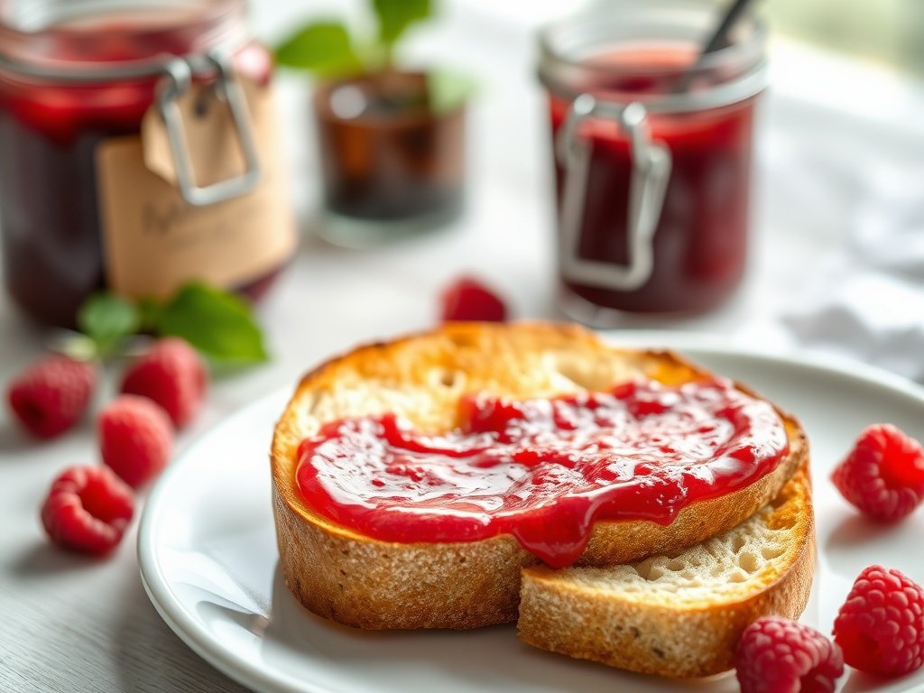 Toast with homemade raspberry jam spread, garnished with fresh raspberries.