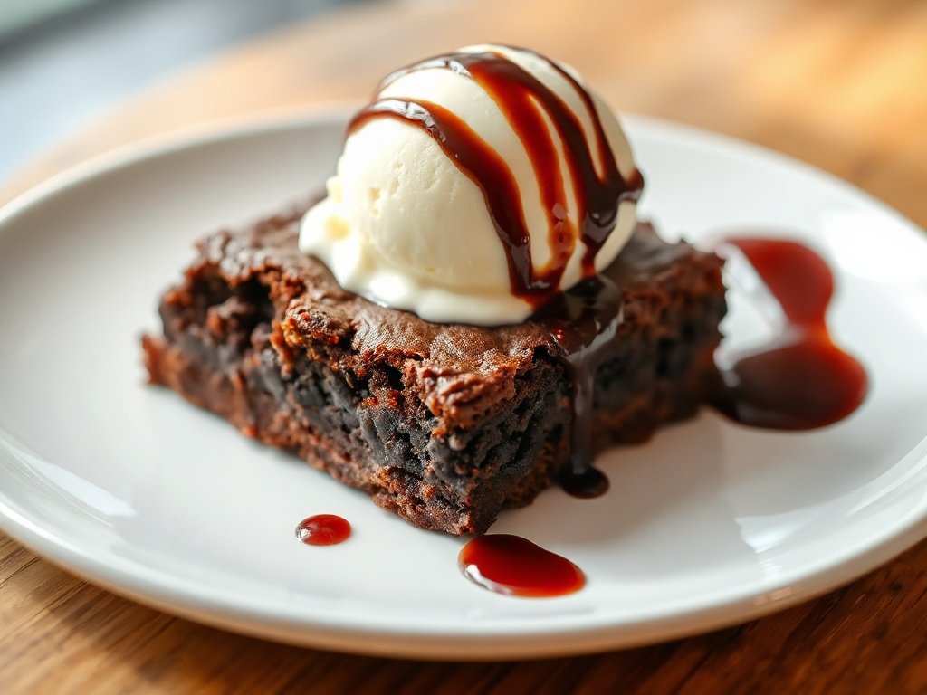 Fudgy brownie served with vanilla ice cream and chocolate drizzle.