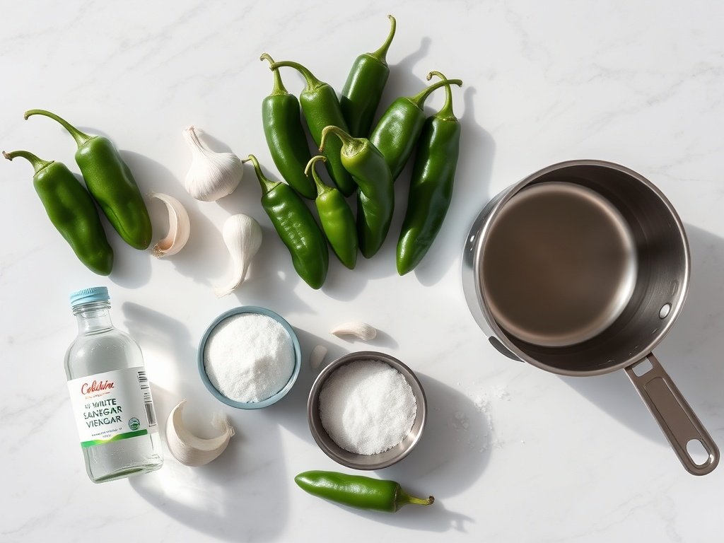 Ingredients for pickled jalapenos recipe laid out on a marble counter.