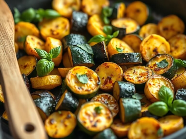 Close-up of golden sautéed zucchini and yellow squash slices in a cast iron skillet with fresh basil.