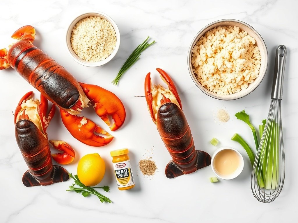 Top view of fresh ingredients for lobster cakes including lobster claws and panko.