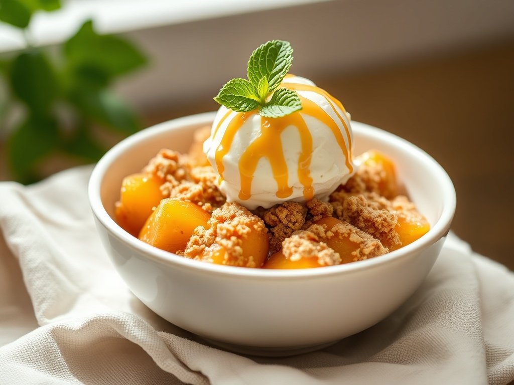 Homemade peach crumble with ice cream